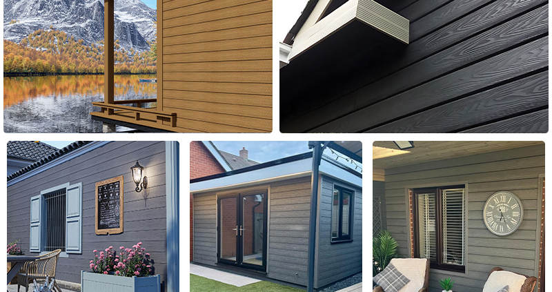 3D embossed WPC wall cladding used in residential and commercial outdoor application scenes.