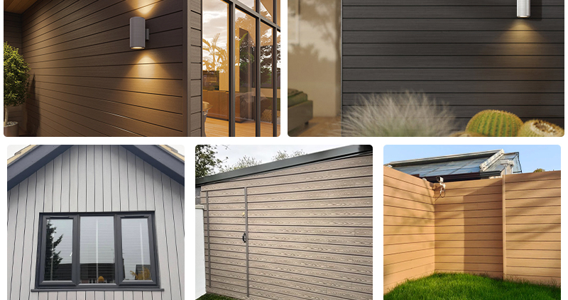Classic WPC cladding application scenes showing outdoor walls, facades, balconies.